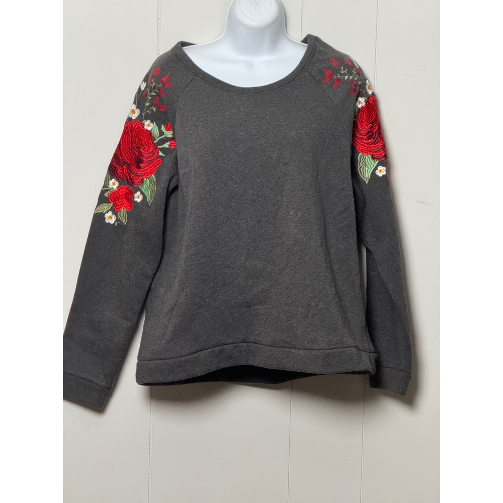 Messy Bun Just Chillin Gray Embroidered Rose Floral Sweatshirt Raglan Size XL